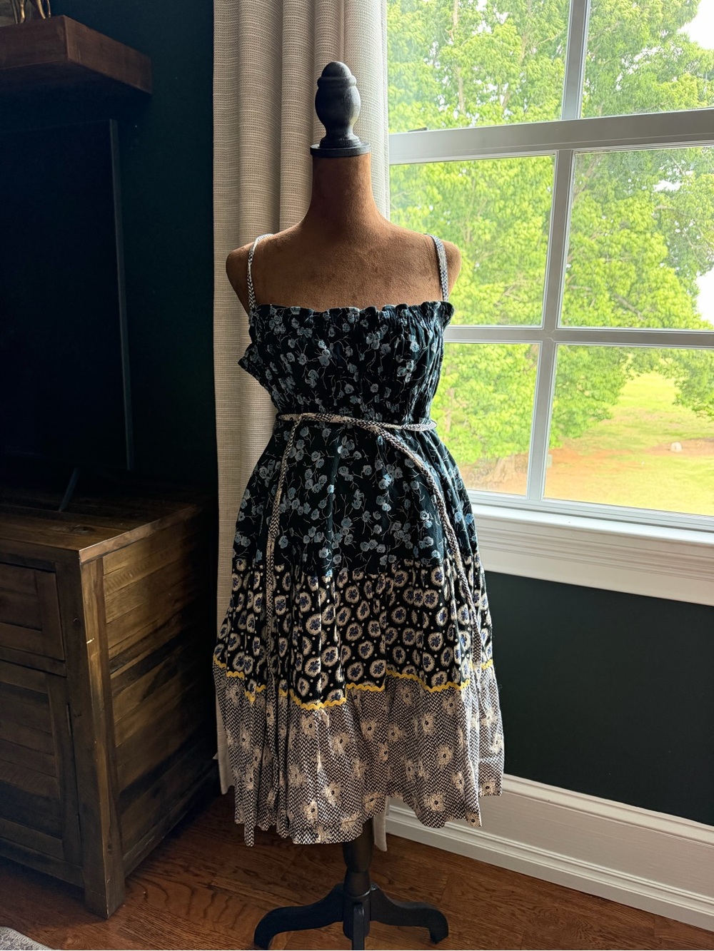Free People Mixed Floral Print Smocked Sundress Navy Blue Yellow Border Size S